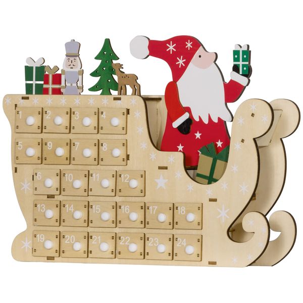 Wooden Santa Sleigh Advent Calendar — 24 Drawers, Fill-Your-Own Holiday Countdown
