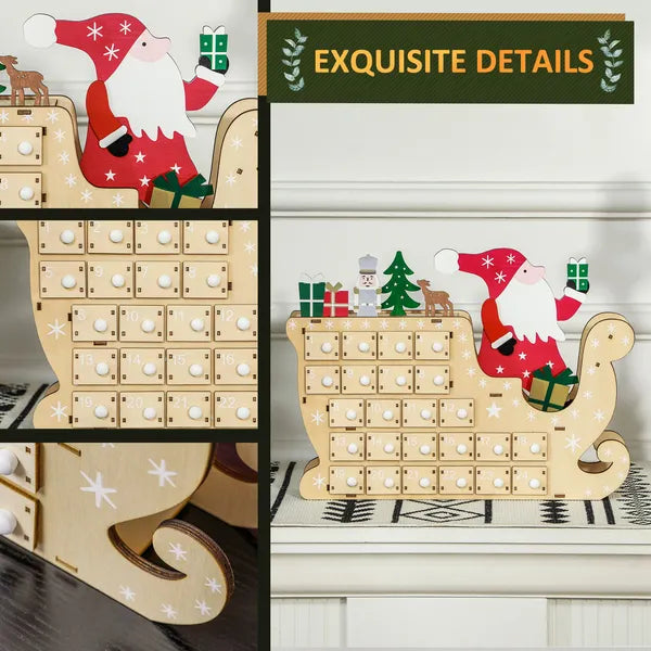 Wooden Santa Sleigh Advent Calendar — 24 Drawers, Fill-Your-Own Holiday Countdown
