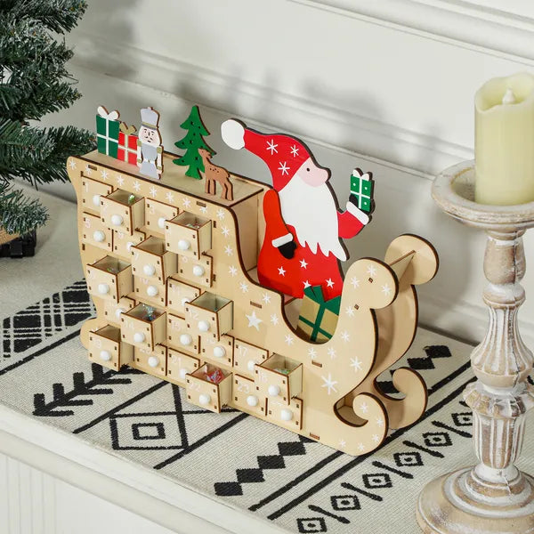 Wooden Santa Sleigh Advent Calendar — 24 Drawers, Fill-Your-Own Holiday Countdown