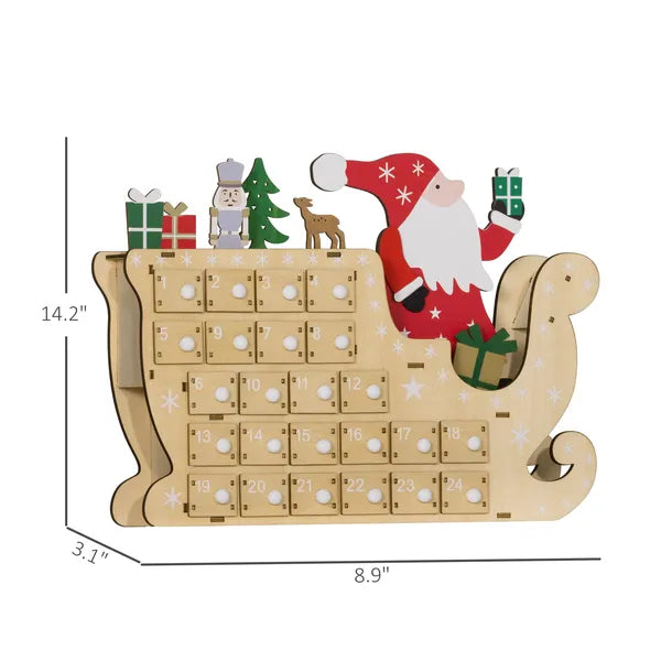 Wooden Santa Sleigh Advent Calendar — 24 Drawers, Fill-Your-Own Holiday Countdown
