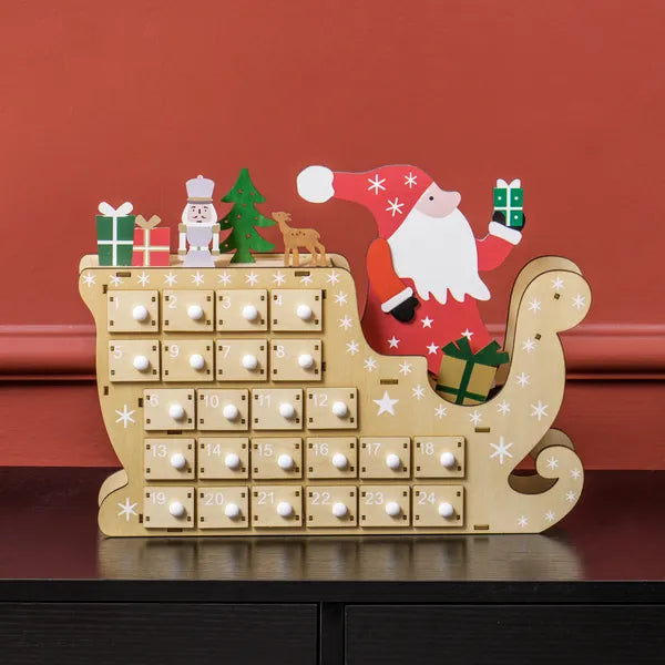 Wooden Santa Sleigh Advent Calendar — 24 Drawers, Fill-Your-Own Holiday Countdown