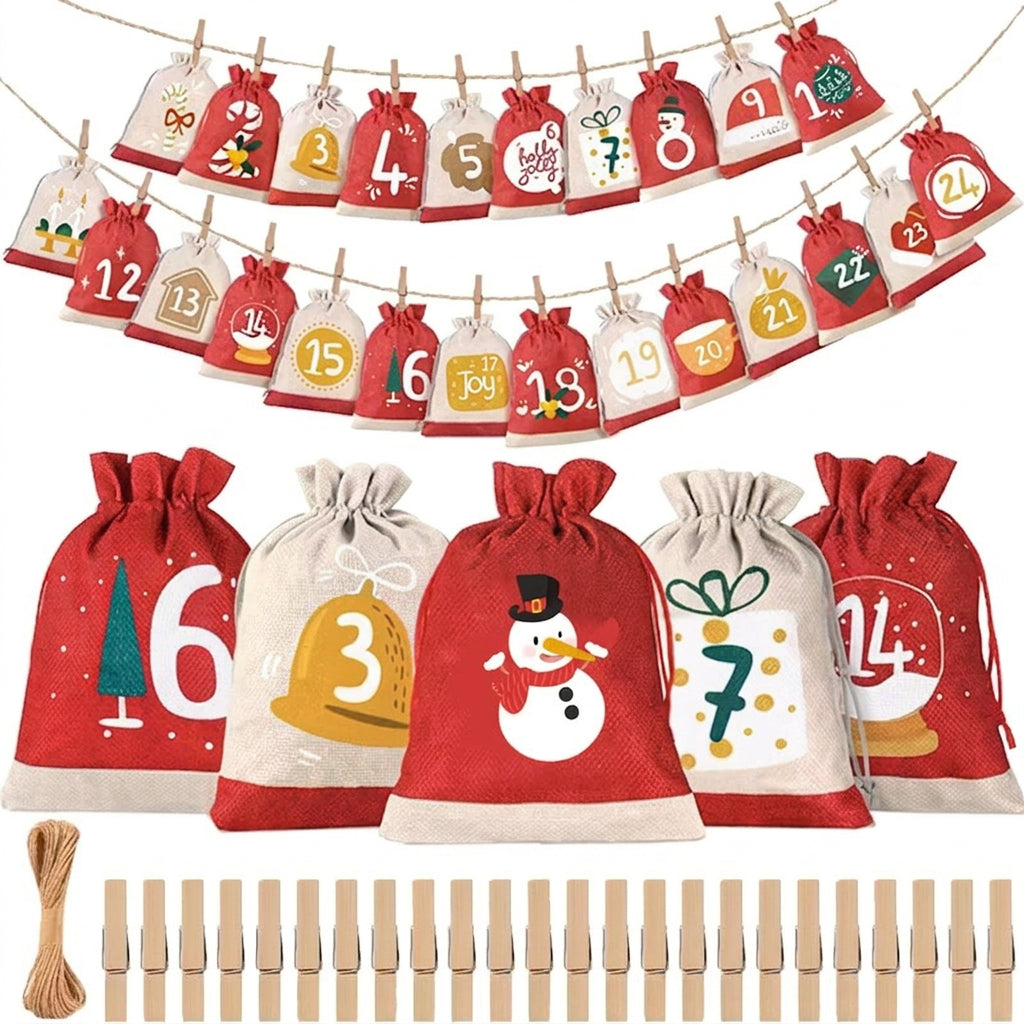 Linen Drawstring Advent Bags — Fill-Your-Own with Clips