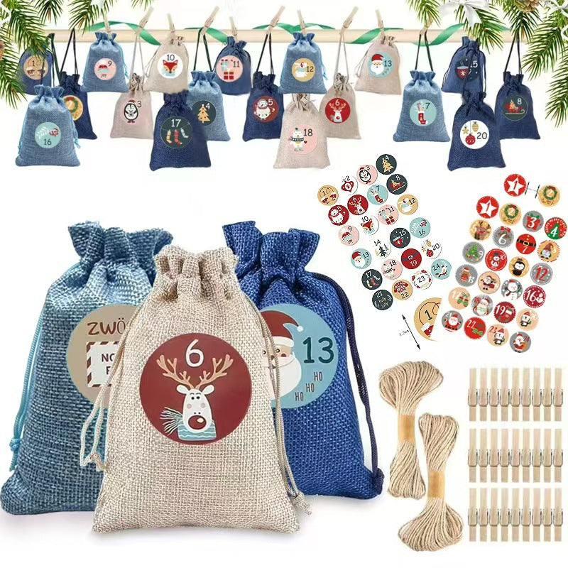 Linen Drawstring Advent Bags — Fill-Your-Own with Clips