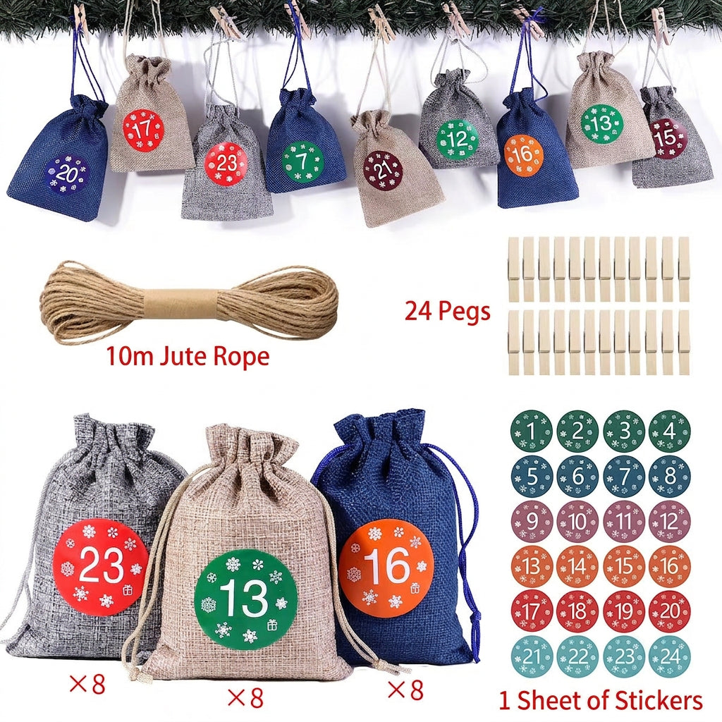 Linen Drawstring Advent Bags — Fill-Your-Own with Clips