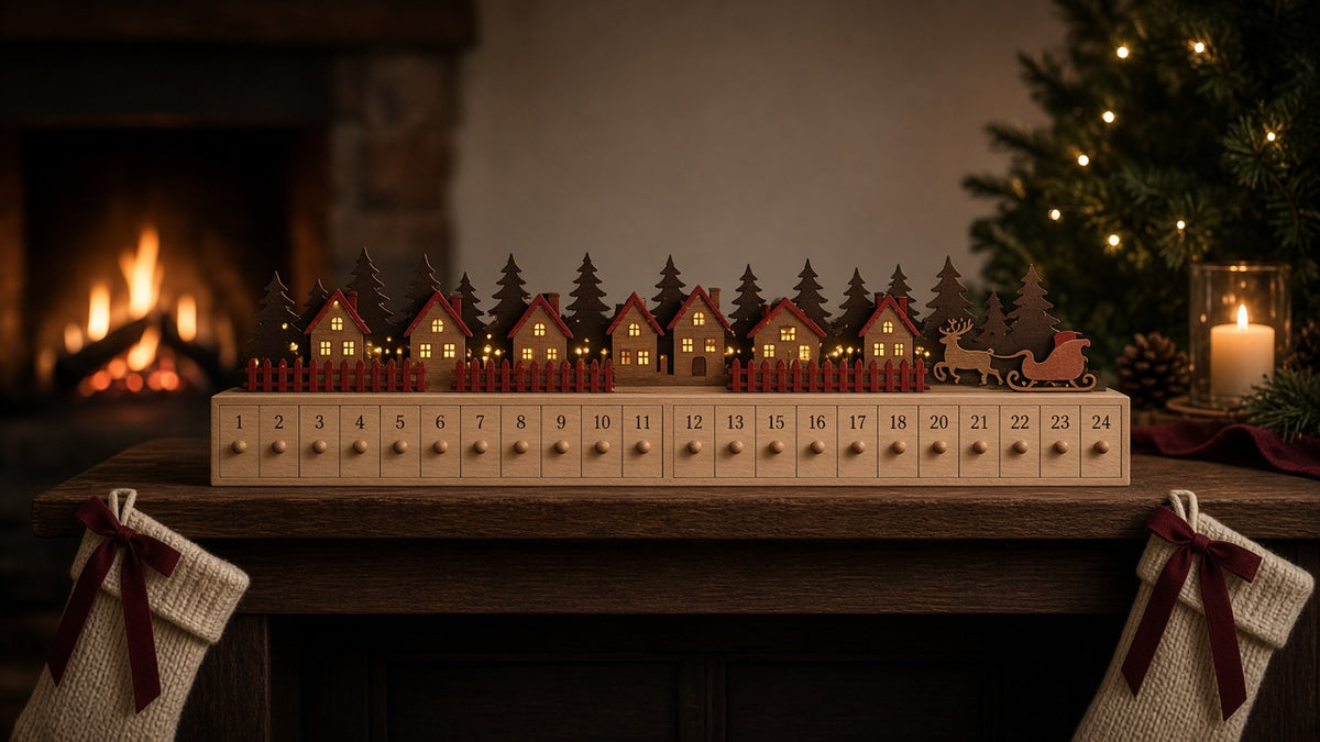 Advent Nook LED wooden Advent house on dark mantel