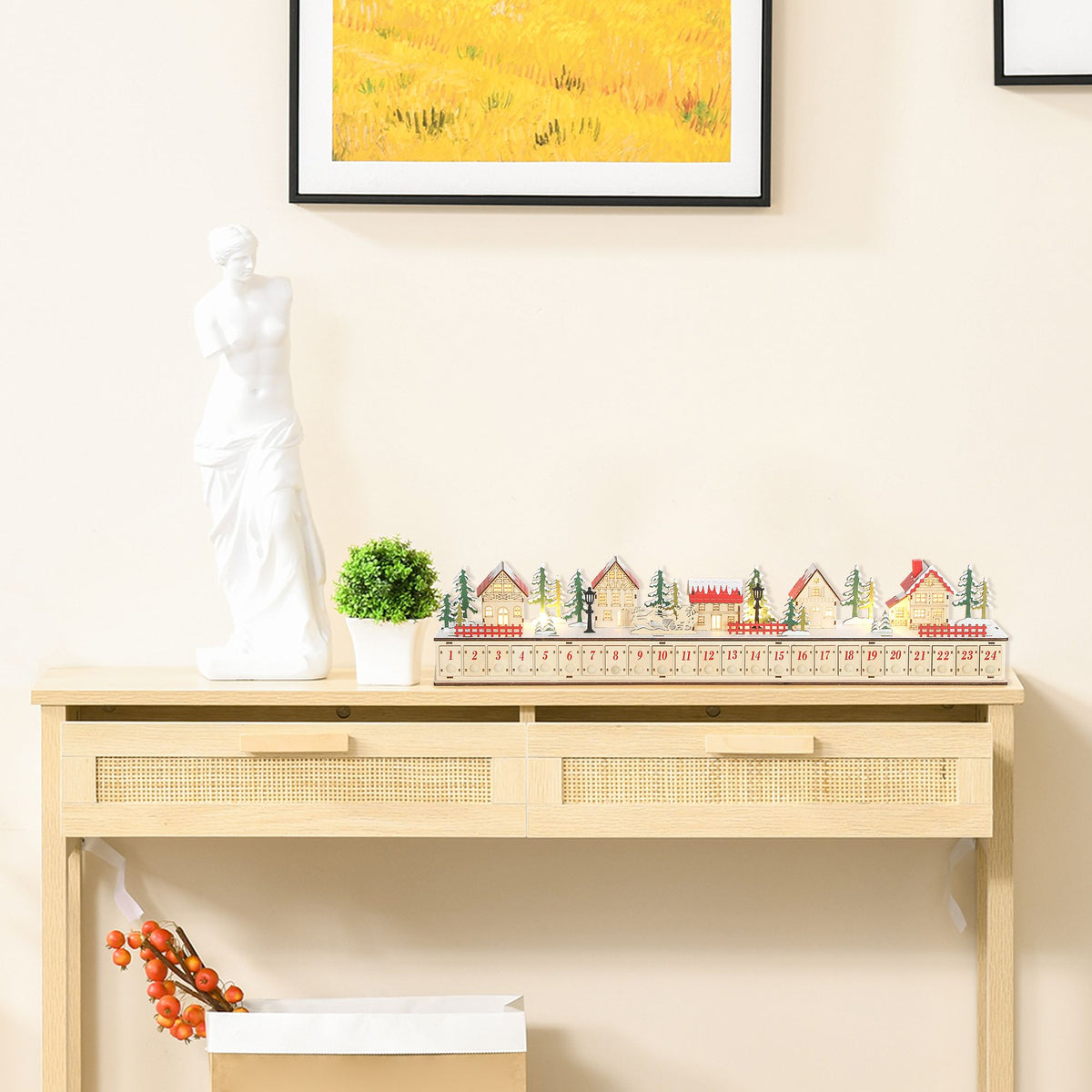 Wooden LED Advent House — 24 Drawers, Fill-Your-Own Holiday Countdown