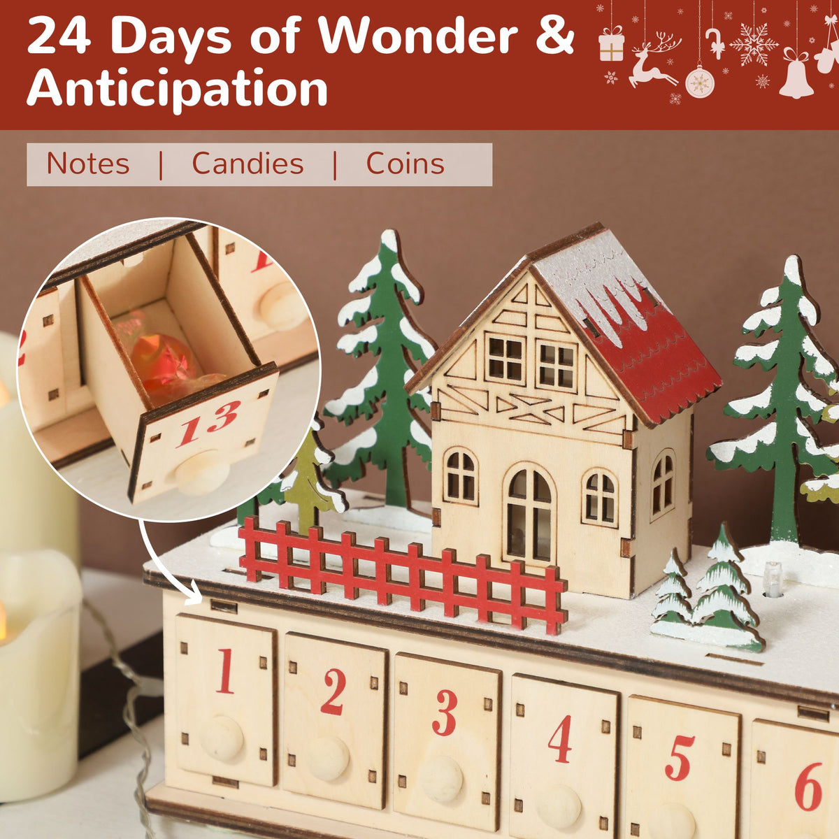 Wooden LED Advent House — 24 Drawers, Fill-Your-Own Holiday Countdown