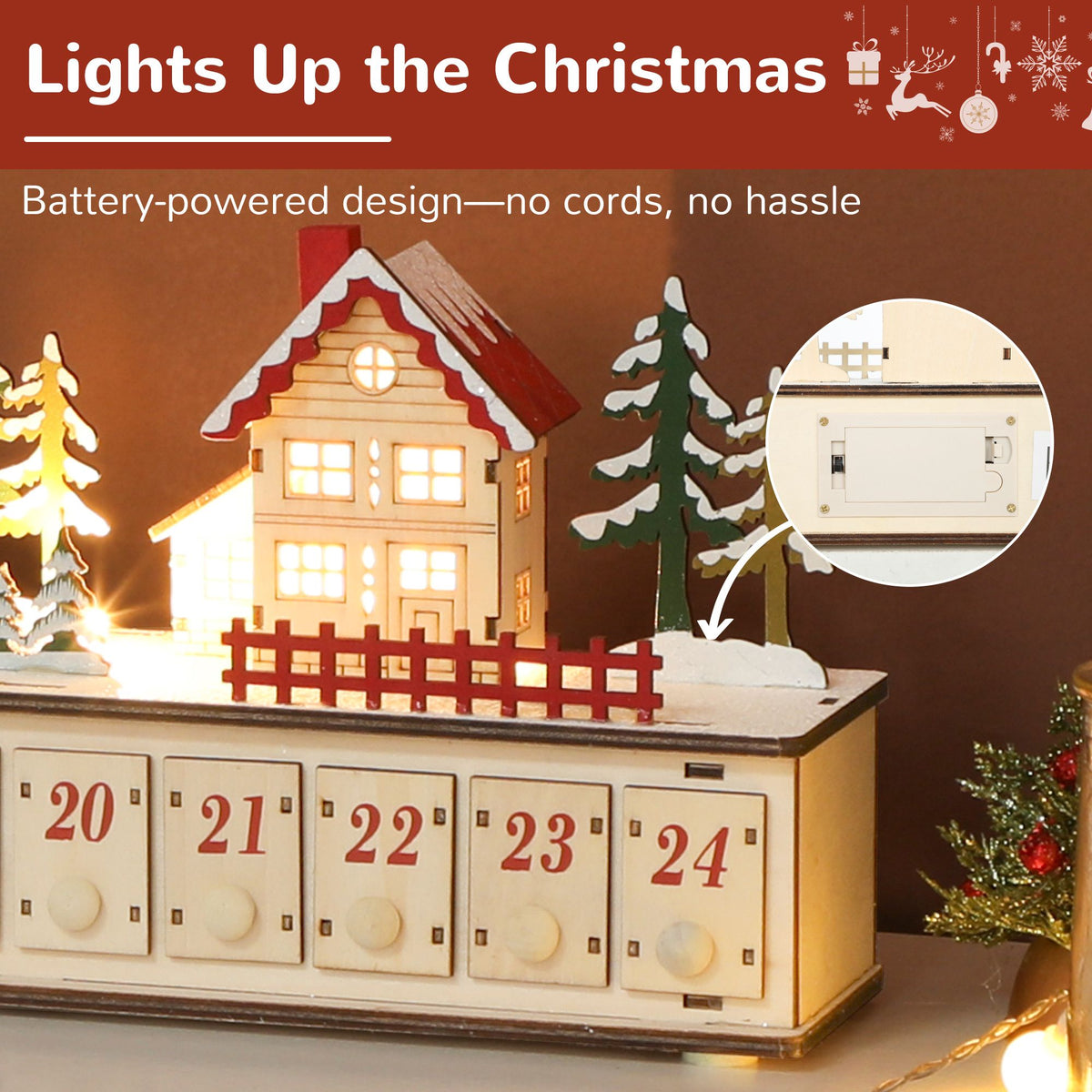 Wooden LED Advent House — 24 Drawers, Fill-Your-Own Holiday Countdown