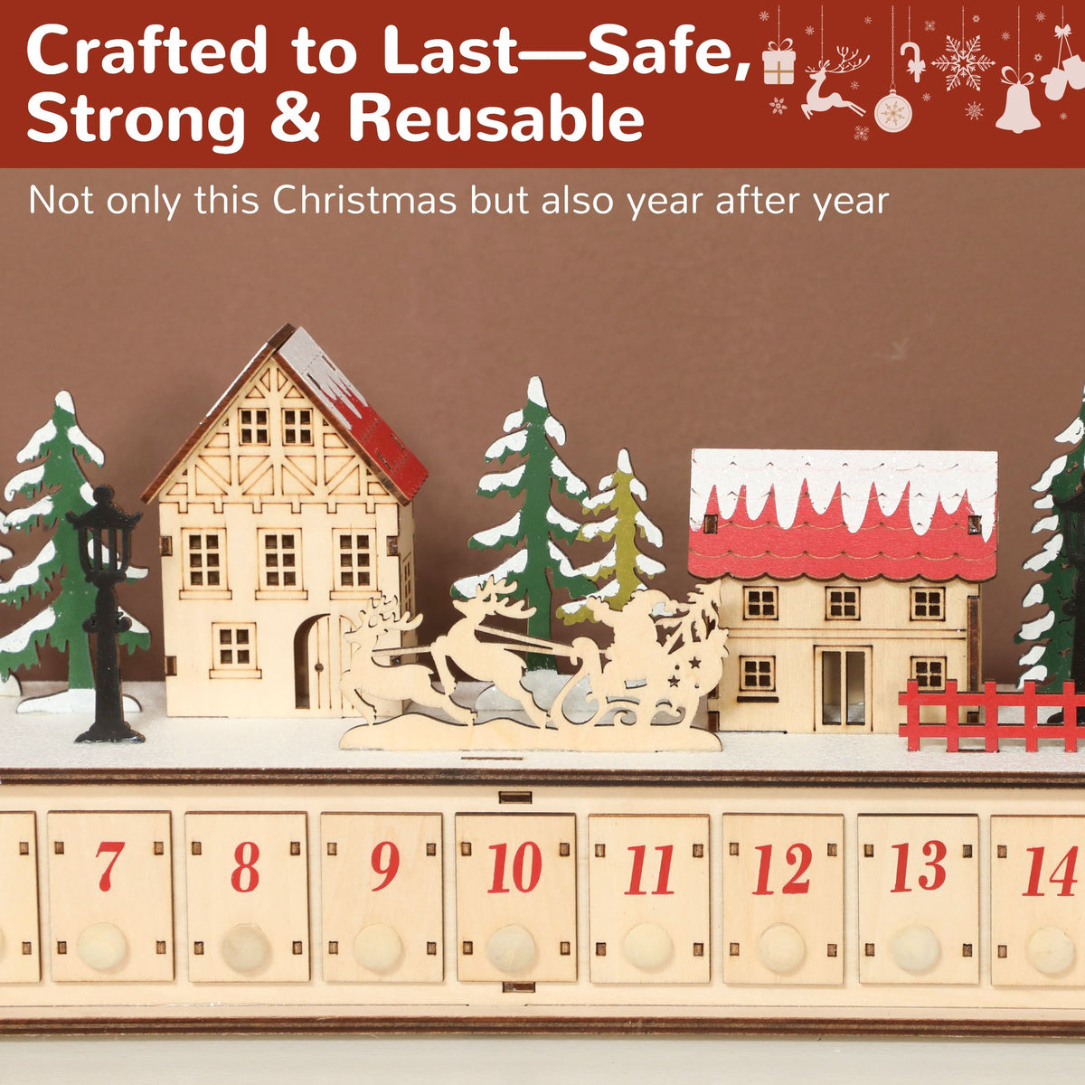 Wooden LED Advent House — 24 Drawers, Fill-Your-Own Holiday Countdown