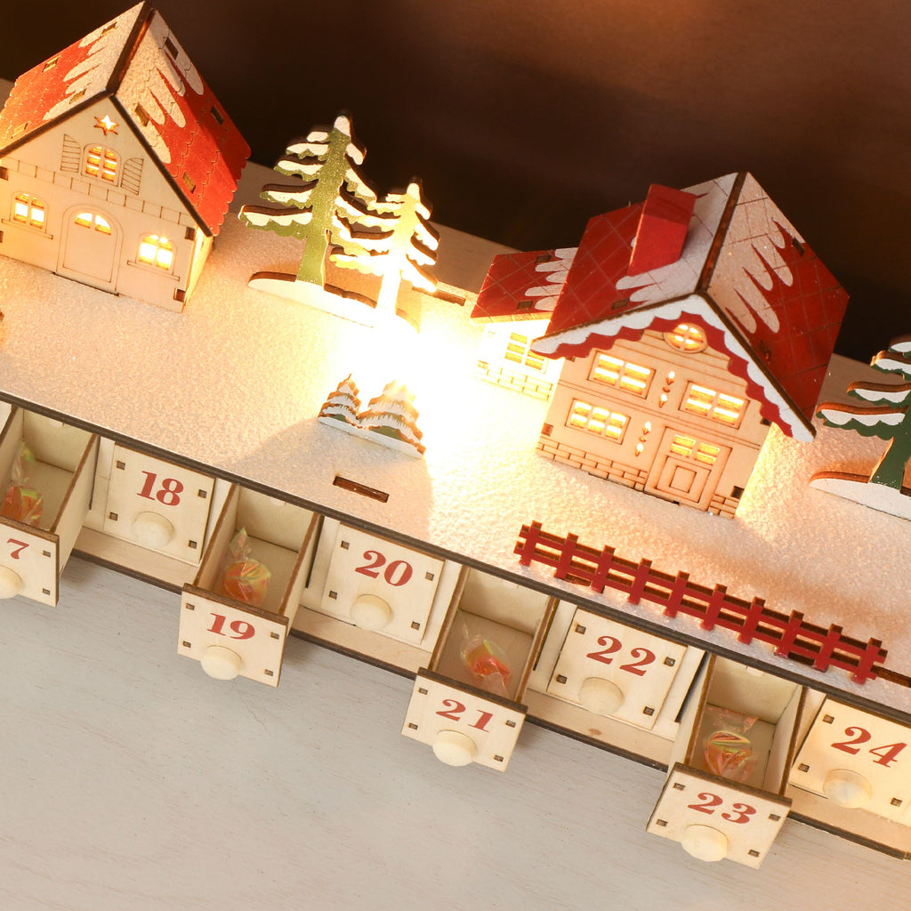 Wooden LED Advent House — 24 Drawers, Fill-Your-Own Holiday Countdown